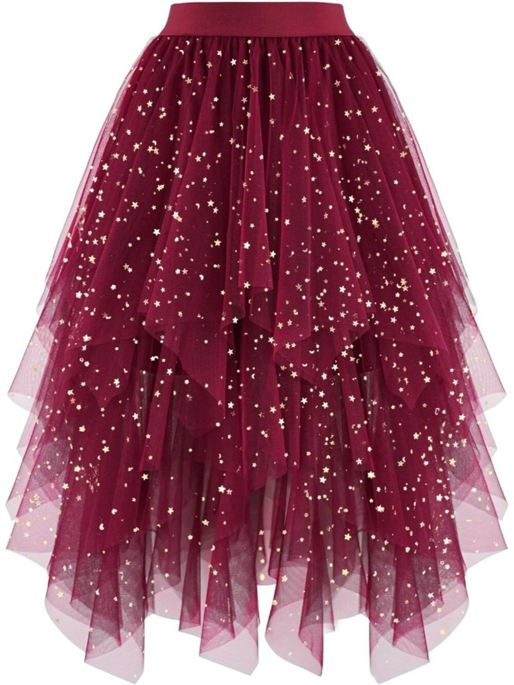Women's Red Sequin Low Layered Asymmetrical Puffy Fairy Midi Length Tulle Skirt